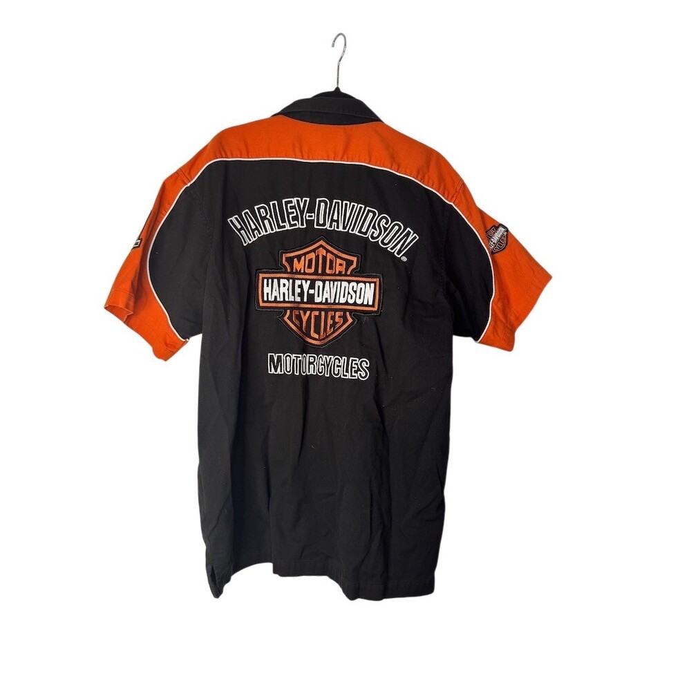 Harley-Davidson MotorClothes Work Shirt Mens L Black Orange Button-Up SS